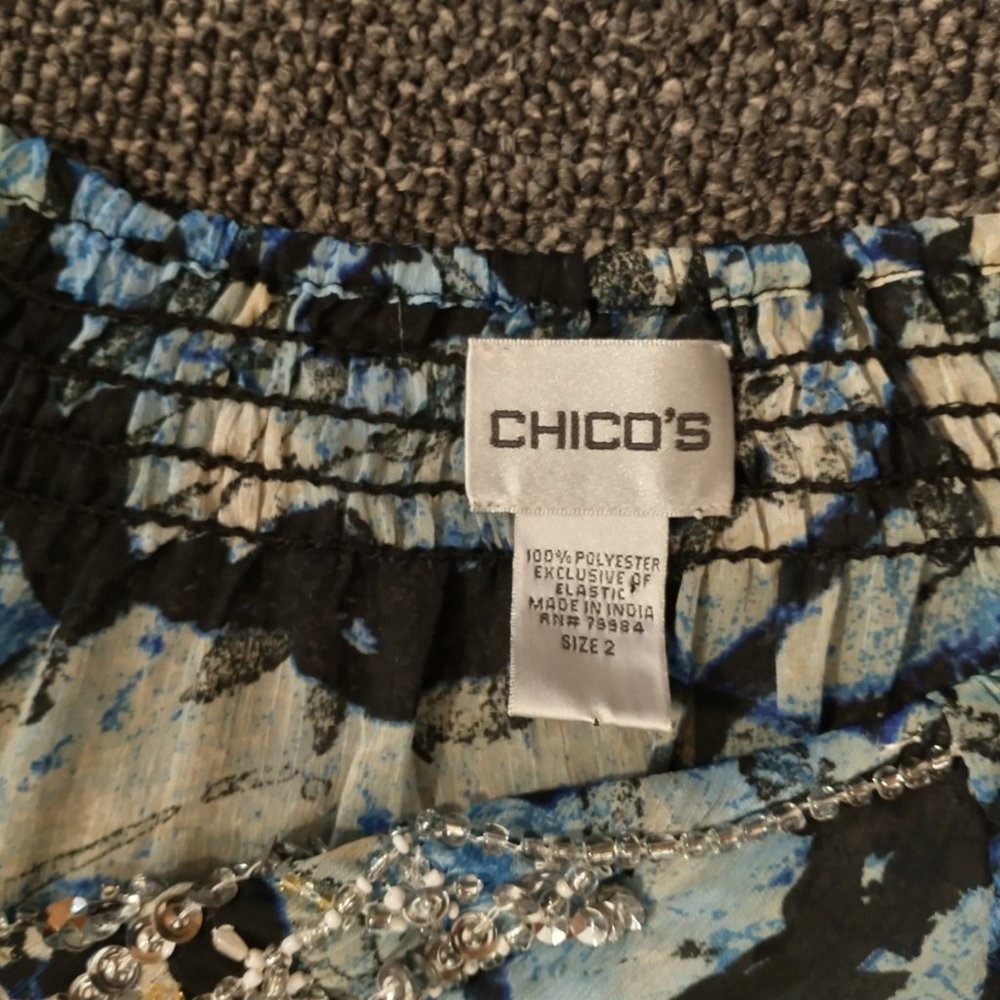 Chicos 1 Boho Semi Sheer Beaded Top Blue Silver Elastic Waist Size 2 (Large 12) - Picture 3 of 3